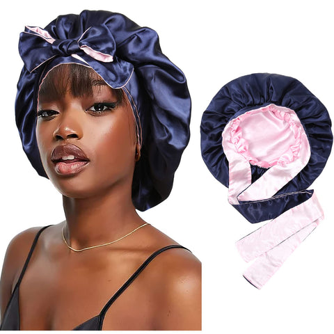 Satin Bonnet Silk Bonnet for Sleeping Bonnets for Black Women Silk Bonnet for Curly Hair Silk Hair Wrap with Tie Band, Navy Blue + Pink, One Size