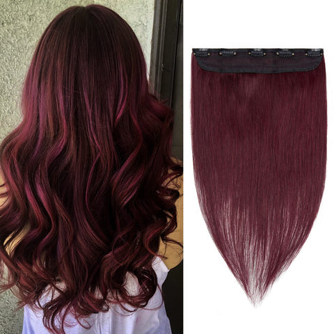 Clip in Hair Extensions Human Hair One Piece Clip in Remy Hair for Women Long Straight Natural Soft Real Hair 3/4 Full Head Skin Weft Rooted Clip on with 5 Clips 22'Long 55g Wine Red #99J