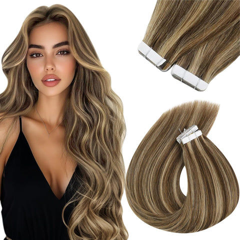 22, Brown with Strawberry Blonde : Sunny 22" Tape in Remy Human Hair Glue in Hair Extensions 20pc 50g Brazilian Straight Human Hair Dark Brown Highlight with Strawberry Blonde