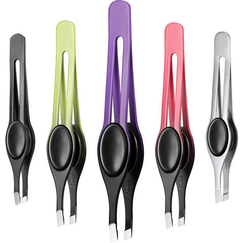 Chumia 5 Pieces Non-Slip Grip Tweezers Slanted Tip Stainless Steel Tweezer Wide Precision Tip Clip Tweezer for Ingrown Hair Eyebrow Shaping Splinter Blackhead Remover (Black Rubber Grip)