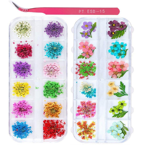 2 Boxes Nail Art Dried Flowers,UNIME 24 Colors Dry Flowers Mini Real Natural Flowers Nail Art Supplies 3D Applique Nail Decoration Sticker for Tips Manicure Decor Accessories,Gypsophila Flowers