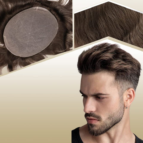 Lishy European Human Hair Toupee for Men Soft Full Swiss Lace Hair Replacement System Hairpieces 10"x8" Straight #7 Lightest Brown Color