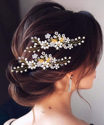 Fstrend Bridal Wedding Hair Pins Silver Sparkly Rhinestones Pearls Hair Pin Crystals Bride Hairpieces Leaves Hair Accessories for Women and Girls(Pack of 2) (Gold)