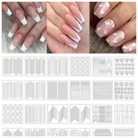 TailaiMei 802 Pieces 36 Designs Nail Stencils French Tip Guides, Nail Art Stickers Form Fringe Guides Vinyl, 24 Sheets