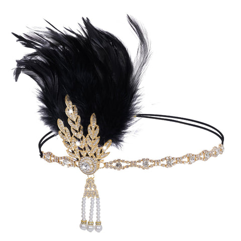 Tongcloud 1920s Flapper Feather Headband Roaring 20s Gatsby Headpiece Women's 1920s Headband Flapper Feather Headpiece, Black, 46cm