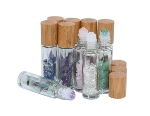 Wresty 10ml Roll On Bottle With Gemstone Rollerball&Crystal Chips Inside,10 Packs Glass Roller Bottles Essential Oil Sample Bottles(Bamboo Lids)