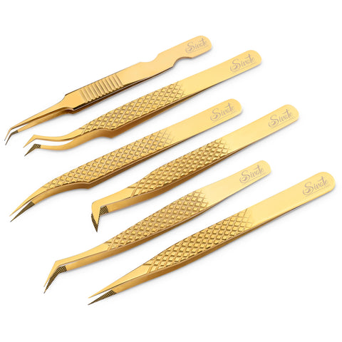 Professional Lash Tweezers Eyelash Extension Gold 6 Pack