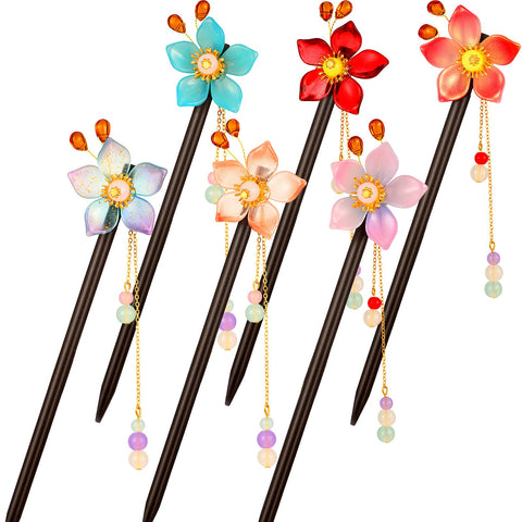 6 Pieces Chinese Traditional Flower Hair Sticks Vintage Wooden Hairpin Handmade Chinese Hair Stick Classic Hair Chopsticks Flower Hair Styling Pins for Women Girls