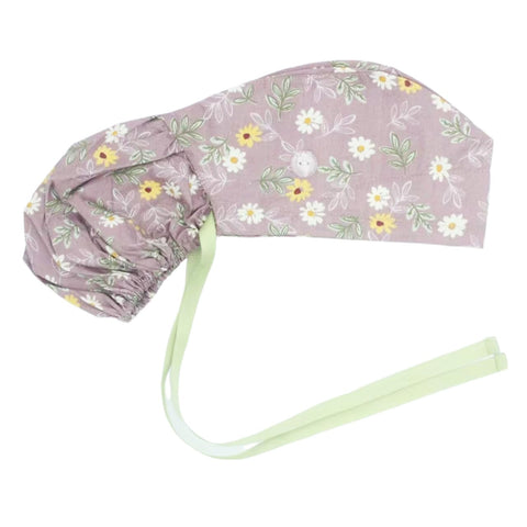 Scrub Cap with Buttons - Cotton Hat with Sweatband, Adjustable Tie Back for Ponytail (Randomly Paired with Hair Ring), Pink Chrysanthemum, One Size
