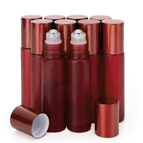 Glass Roller on Bottle, 10ml Refillable Essential Oil Bottle with Stianless Steel Ball, Pack of 10, Red,