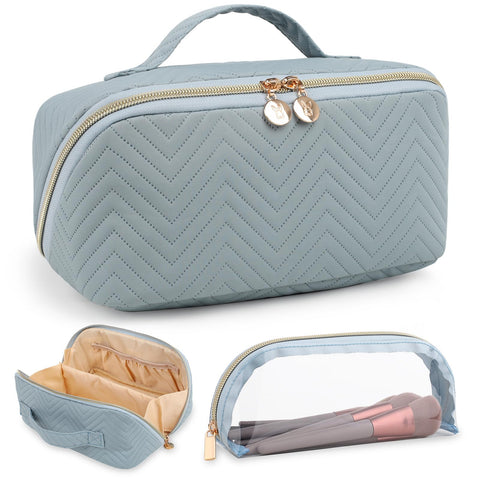 Bunnychill Makeup Bag Cosmetic Bag, Large Capacity Travel Makeup Bag for Women with Portable Pouch Open Flat Water-resistant Toiletry Organizer Bag with Handle Divider, Blue with Brush Holder, Large