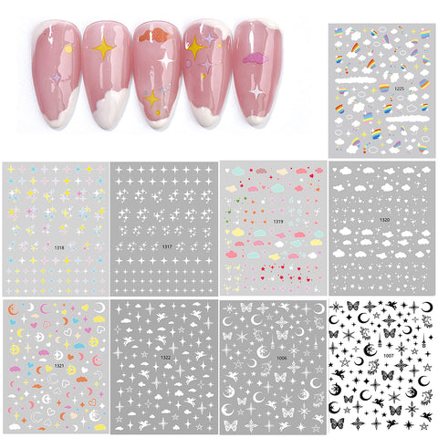 IHUKEIT 9 Large Sheets Starry Sky Star Cloud Rainbow Heart Wrangler Nail Art Stickers - 3D Self Adhesive Star and Sky Series Nail Decals for Natural Fingernails and Acrylic Nails