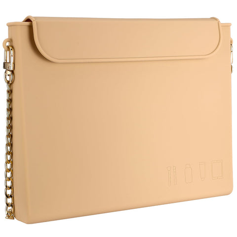 Hoocen Silicone Makeup Bag with Chain, Cosmetic Bag for Women, Slim Toiletry Bag for Traveling, Anti-wrinkle Silicone Travel Bag for Makeup, Easy Carry Cosmetic Bag for Beauty Tools, and Brushes-Khaki, Khaki