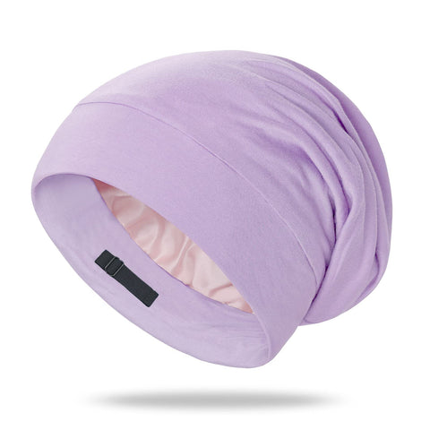 OLESILK Silk Lined Sleep Cap for Women, Silk Bonnet Hair Cover for Curly Braid Hair, Night Hat Sleeping Slouchy Beanie, Light Purple