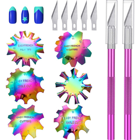 6 Pieces French Nail Trimmer Stainless Steel French Tip Cutters Smile Line Cutter Edge Manicure DIY Plate Module with 2 Handles French Tip Cutting Knife and 5 Spare Blades for Acrylic Nails (Colorful)