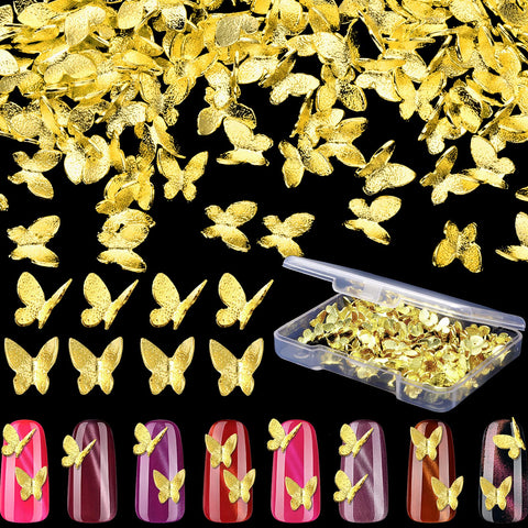 150 Pieces Gold Nail Charm 3D Alloy Art Nail Charm Metal Glitter Nail Charm Crystal Nail Charm with Transparent White Box for Girl (Classic Butterfly Style)