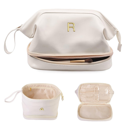 Vogewood Teen Girl Gifts Trendy Stuff, Initial Large Makeup Bag, Bride To Be Gifts, Double Layer Cosmetic Bag, Waterproof PU Travel Toiletry Bag for Bachelorette Wedding Bridal, Bride Gifts, White, R,