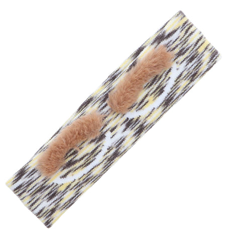 Girls Stretchy Knit Headband With Eyes and Fuzzy Eyebrows-Yellow and White