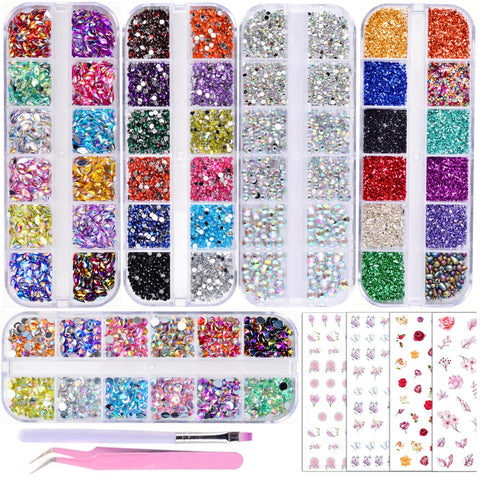 Multicolor: Edittime 4500 Pieces (5 Boxes) Shiny Colorful Nail Art Rhinestones Nail Stone Gems Design Kit with A Curved Tweezers and A Nail Brush and A Wax Pen Rhinestone Picker (Multicolor)