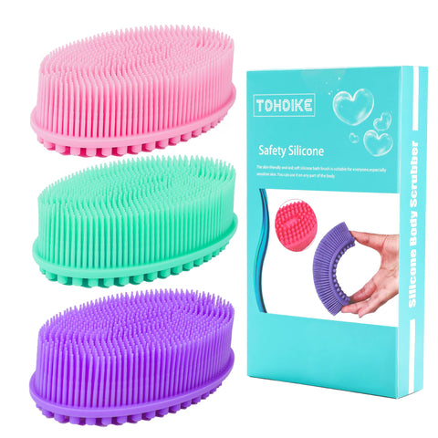Silicone Body Scrubber Loofah - Set of 3 Soft Exfoliating Body Bath Shower Scrubber Loofsh Brush for Sensitive Kids Women Men All Kinds of Skin(Purple/Green/Pink)