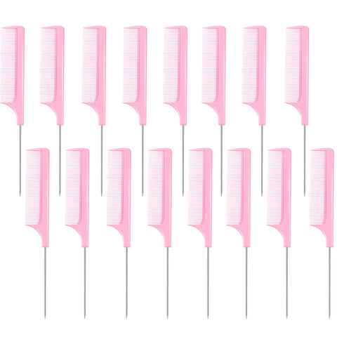 16 Pieces Metal Rat Tail Combs Black Pink Pintail Hair Combs Salon Fiber Back Combs for Women Girls Hair Styling at Home Salon (Pink)