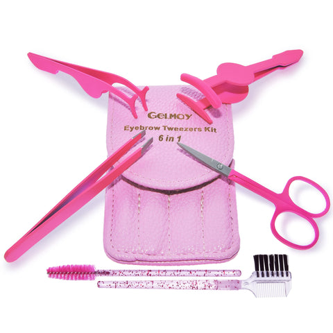 GELMAY 6Pcs Eyebrow Grooming Kit - Tweezer, Scissors, Brush, Razor & Case - Stainless Steel, Pink, Modern, Compact