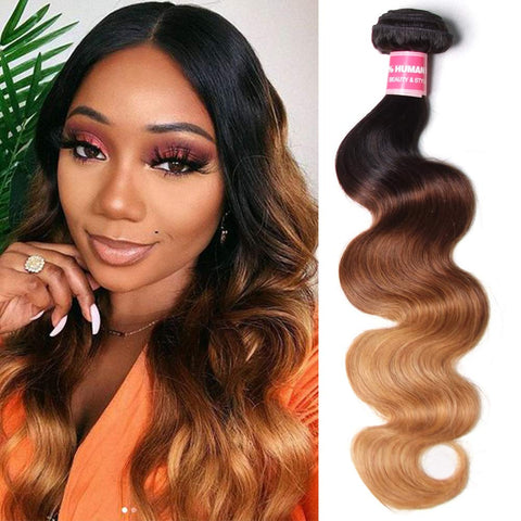 Ombre Bundles 16" Brazilian Human Hair Ombre Body Wave One Bundle Deal Honey Blonde Three Tone Human Hair Bundles 16-26Inch Sunber Bundles(T1B/4/27