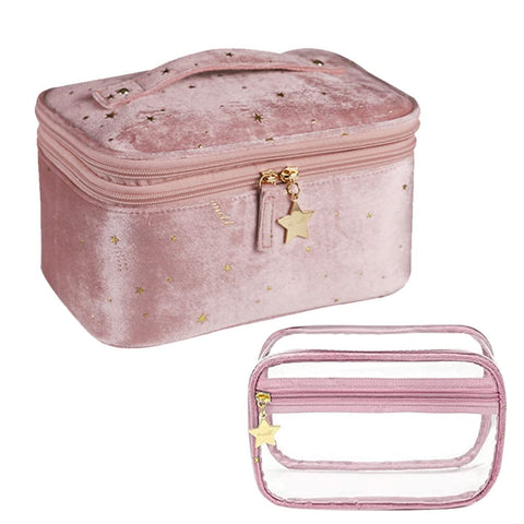 HOYOFO Velvet Makeup Bag for Women Double-layer Travel Cosmetic Case Set of 2 Make up Bags with Handle/Brush Holder (F-Pink Set)