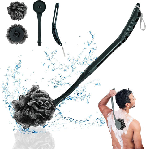 Shower Sponge with Handle, 20.5'' Replaceable Shower Sponge for Improving Skin Health, Body Scrubber for Women and Men, Easy Hanging Rope (Dark Black)