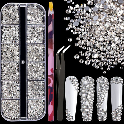 6 Sizes Transparent White Silver Glass Crystal Kit with Pickup Pen + Tweezer Tools for Shine Nail Art Manicure Makeup DIY Decoration Flatback Round Swarovski Bead Rhinestone Gem Jewelry Diamond
