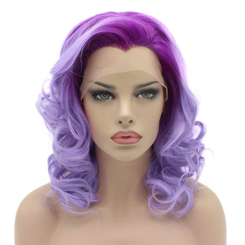 Lace Front Synthetic Wig Medium Length 16inch Purple Root Light Purple Ombre Wig Hand Tied Realistic Wig