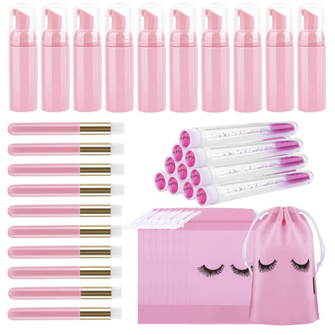 homicozy 40 Pcs Lash Shampoo Bottle Brushes Set, 10 Pcs Lash Shampoo Brushes, 10 Pcs Lash Brushes Tubes, 10 Pcs Eyelash Shampoo Dispensers, 10 Pcs Eyelash Aftercare Bag for Clients, Women ,Girls (Pink)