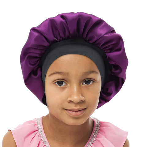 SENGTERM Kids Satin Bonnet Double Layer Wide Elastic Band Sleep Cap Hair Bonnet Silky Night Cap for Girls Toddler Child, Kids Purple, Small-Medium
