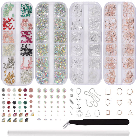 WOKOTO 4Pcs Nail Art Crystals And Rhinestones Rose Gold Metal Stud Nail Art Sharp And Flat Base Rhinestones Kit With Tweezers And Rhinestone Picker Pencil