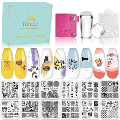 Biutee Nail Stamping Plates Set with Gift Box 12 Nail Stamper Plates 1 Nail Art Stamper 1 Scraper 1 Storage Bag French Tip Nail Stamp Plate Flower Leaf Pattern Template Image Plate Stamp Plates Kit