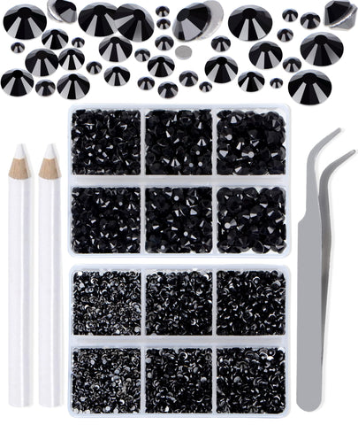 LPBeads 6000 Pieces Black Non Hotfix Rhinestones 6 Sizes Round Crystal Glass Flat Back Rhinestones with Tweezers and Picking Pen for Nail Art Crafts Clothes Bags DIY