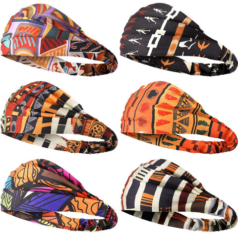 6 Pieces African Headbands Elastic Turban Headbands Boho Print Headband Elastic Hair Bands Wide Headwrap Workout Yoga Sports Hair Accessories for Women Girls