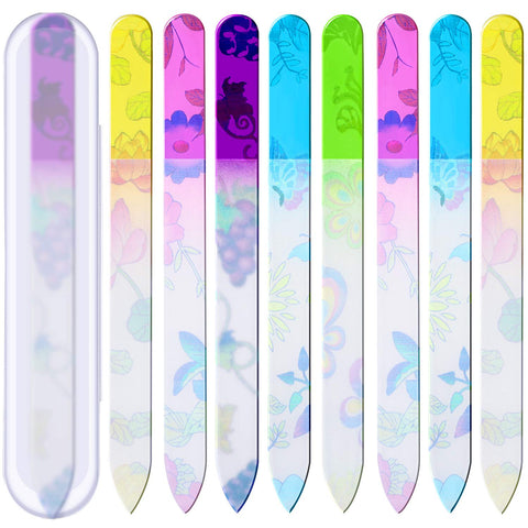 8 Pieces Glass Nail Files with Cases, Glass Nail File and Buffer Colorful Pattern Printed Nail Buffers with Travel Protective Cases for Professional Manicure Supplies