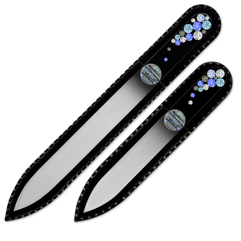 Mont Bleu Set of 2 Black Glass Nail Files, Hand Decorated with Swarovski Elements, Genuine Czech Tempered Glass, Hand-Made Crystal Nail Files