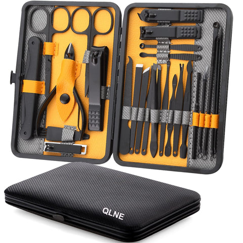 QLNE Professional 25PCS Nail Clippers Set, Stainless Steel, Yellow/Gray/Black, Modern Style, Men & Women