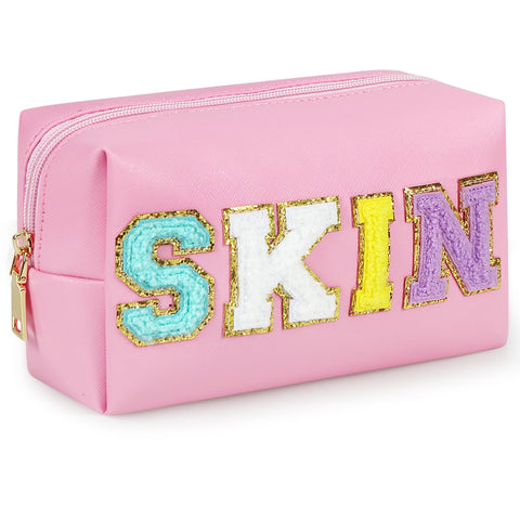 besharppin Preppy Makeup Bag, Synthetic Leather Patch Cosmetic Bag with Chenille Letter for Travel, Pink, SKIN