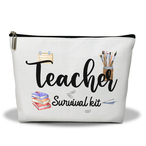 Makeup Bag, Teacher Makeup Organizer Bag, Teacher Survival Kit, Portable Toiletry Makeup Pouch, Storage Makeup Zipper Bag, Appreciation Retirement Gift for Women Mentor Coach -21, White