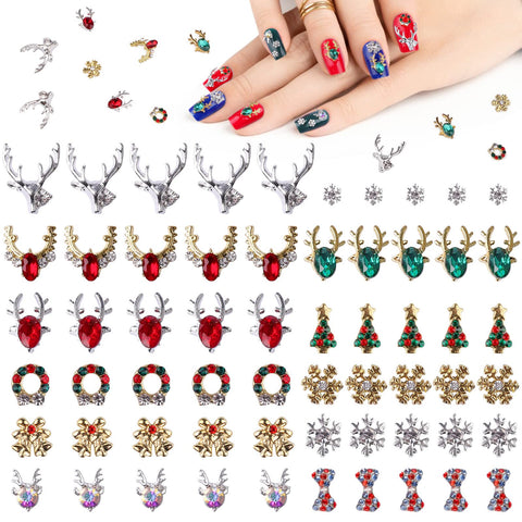 EBANKU 60 Pcs Nail Charms Decorations 3D Colorful Charms for Nails Alloy Christmas Tree Bell Elk Snowflake Nail Art Charms Rhinestones Christmas Santa Gems Jewels DIY Nail Art Decoration