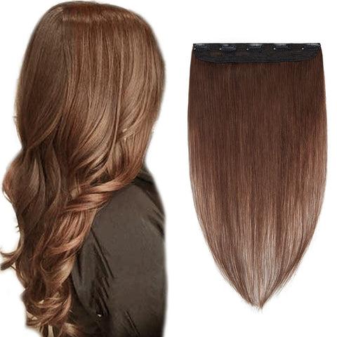 20 inch Clip in Hair Extensions Human Hair One Piece Clip in Remy Hair for Women Long Straight Natural Soft Real Hair 3/4 Full Head Skin Weft Rooted Clip on with 5 Clips Medium Brown #4