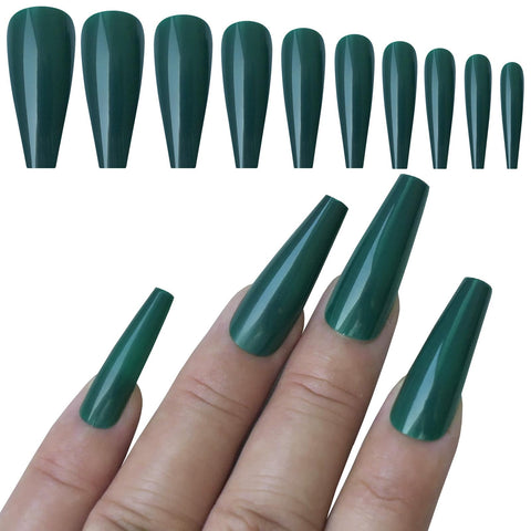 LoveOurHome 100pc Christmas Green Coffin Press on Nails Colored Long Ballerina False Nail Tips Full Cover Artificial Fake Fingernails 10 Sizes ( Dark Green )
