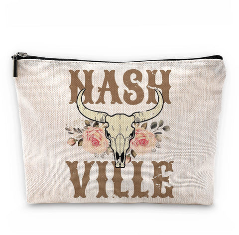 Sufamb Nashville Retro Western Floral Bull Skull Makeup Bag,Western Country Cowgirl Cosmetic Pouch,Christmas Birthday Gifts for Teen Girls Best Friends,Cowgirl Gifts for Girls