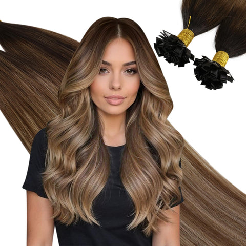 18inch, Darkest Brown Ombre Medium Brown and Golden Blonde: Ugeat 18" 1G Per Strand 50 Strands/Package Remy Human Hair Extensions Keratin Brazilian Flat Tip Hair Extensions Darkest Brown Ombre Medium Brown and Golden Blonde