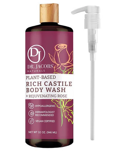 Dr Jacobs Naturals 32 Oz w/Pump Pure Castile Liquid Soap - No Palm Oil, GMO Free - Multi-Purpose for Face, Hair, Laundry and Dishes - Hypoallergenic and Dermatologist Approved (Rose)