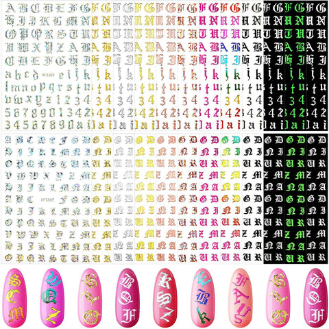24 Sheets Holographic Letter Nail Art Stickers Old English Alphabet Nail Decals Adhesive Letter 3D Nail Art Stickers for Women Girls DIY Nail Decoration Manicure (Chic Colors)