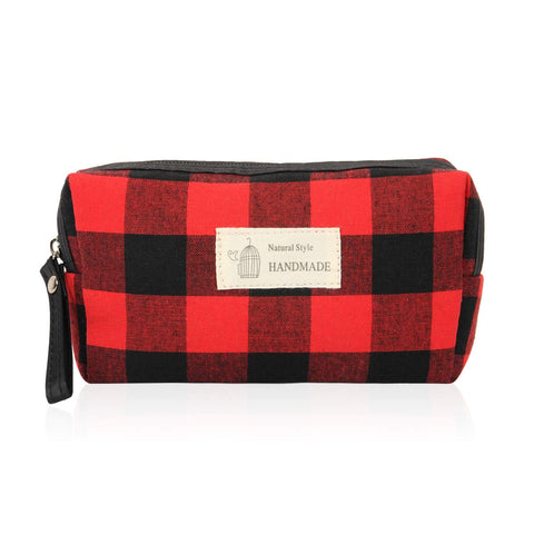 Portable Travel Clutch Cosmetic Makeup Pouch Bag - Toiletry Organizer Purse Wristlet Stripe, Floral, Plaid, Cork (Rectangle Pouch - Plaid Red/Black)